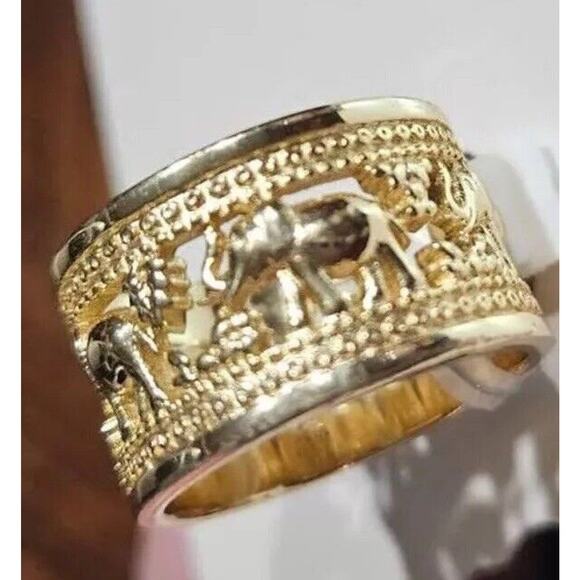 Gold Plated Elephant Ring (Size 9) Wide Open Work Style Intricate Animals NWT - Picture 1 of 10